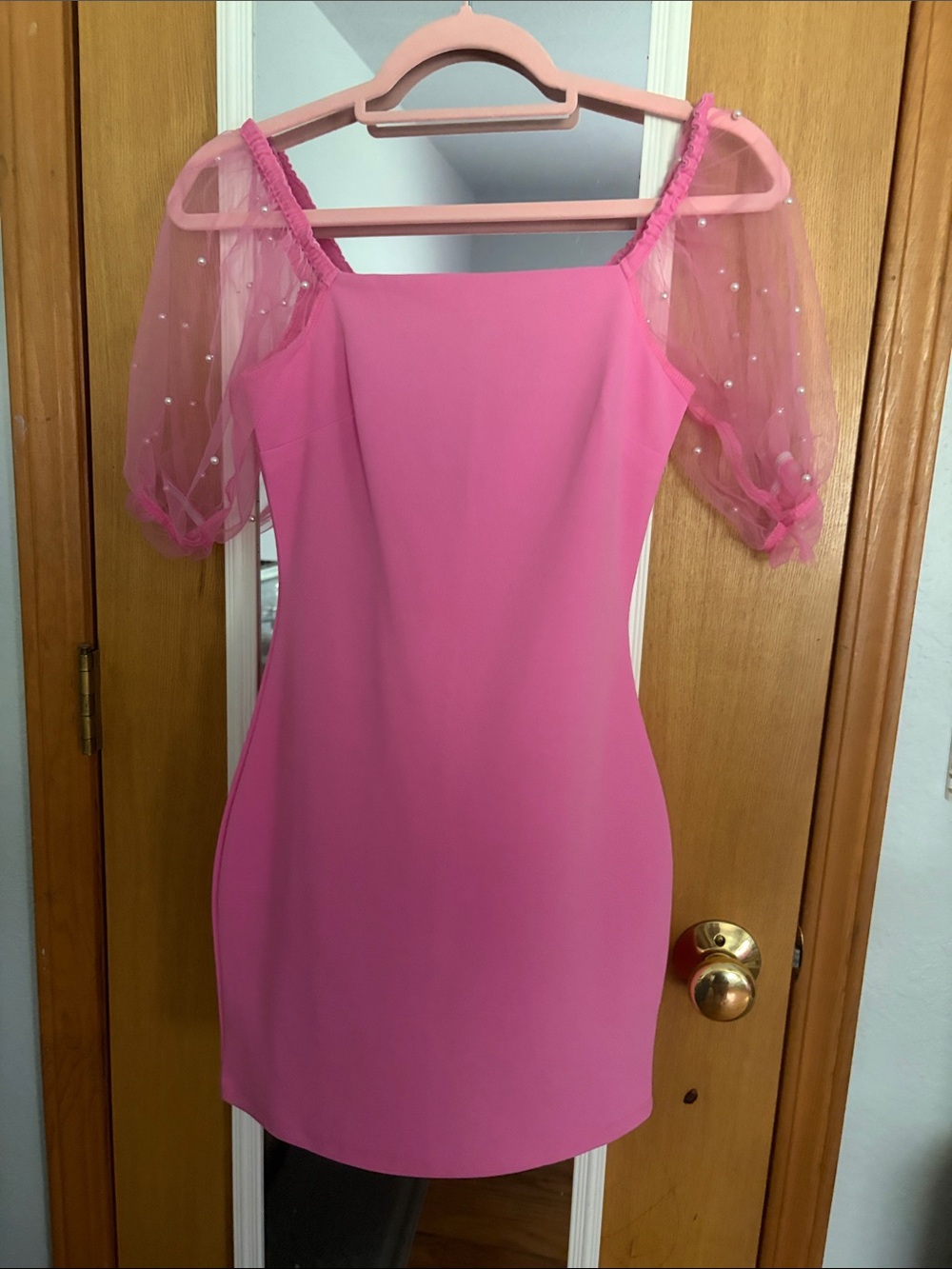Hot Pink Puff-Sleeve Mini Dress with Pearl-Accent Sheer Sleeves